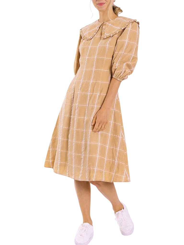 Nwt Static Plaid Collar Dress L Camel White St706